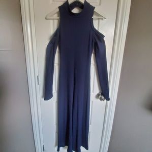 Retro blue off-the-shoulder jumpsuit